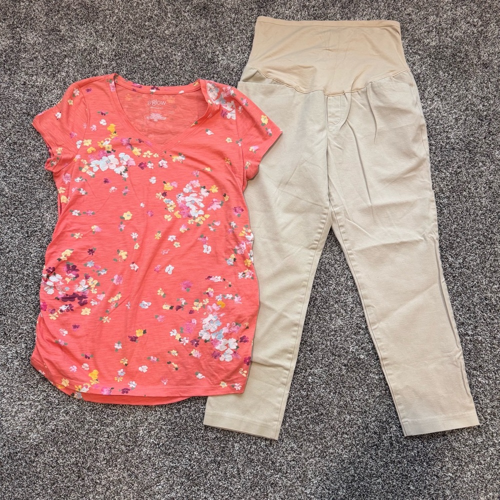 Floral Coral Top and Beige Maternity Pants Set